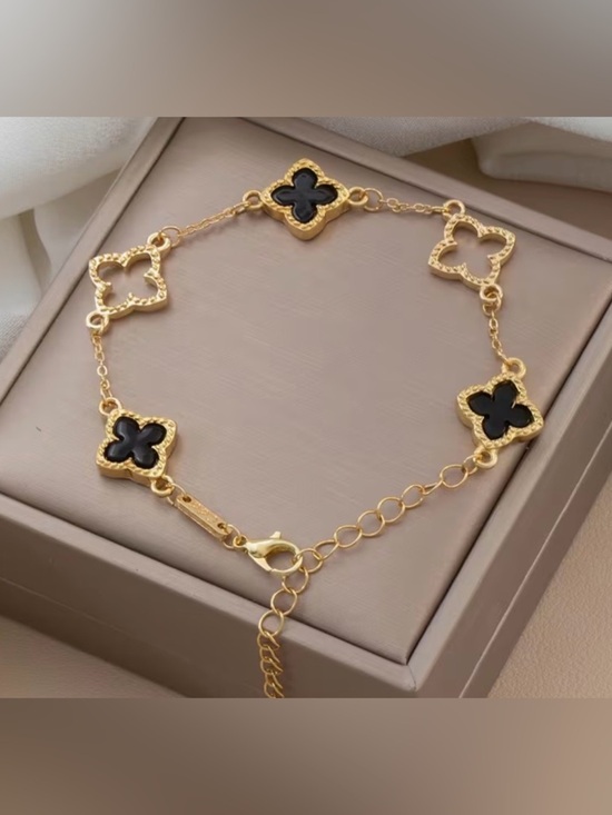 Jewelry - Gold-Tone Black Lucky Clover Link Bracelet NWOT